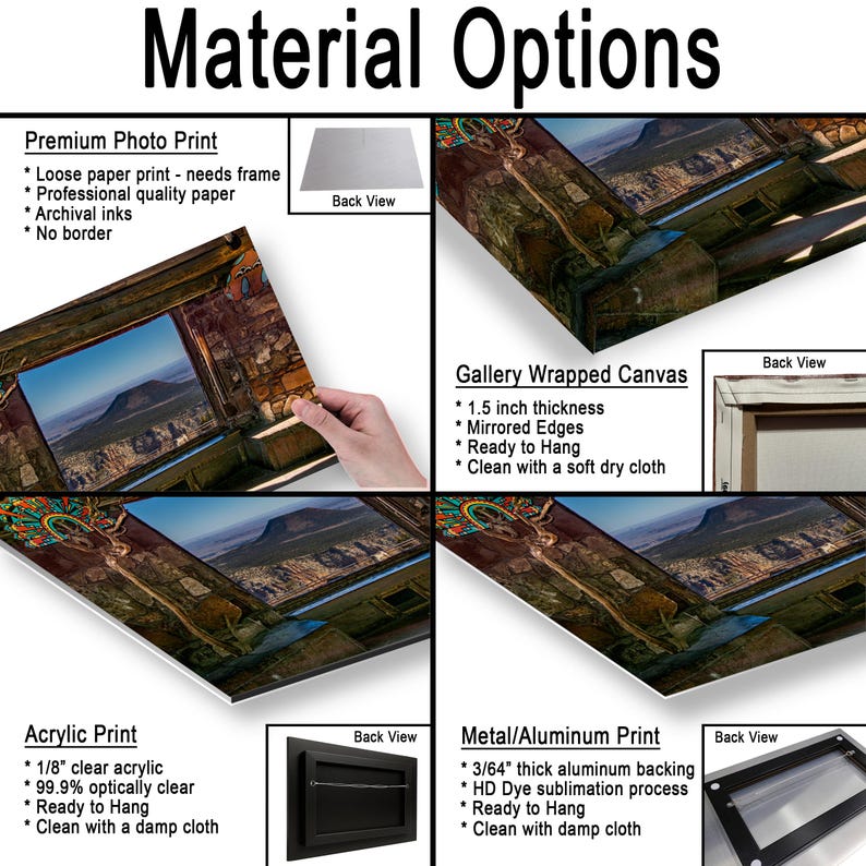 May include: A product information chart titled Material Options displaying four print types: a premium photo print, a gallery wrapped canvas with 1.5 inch thickness, an acrylic print with 1/8 inch clear acrylic, and a metal aluminum print with 3/64 inch backing.