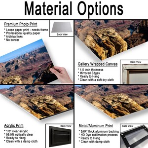 May include: A product display showing four material options for a Grand Canyon landscape print: Premium Photo Print, Gallery Wrapped Canvas with 1.5 inch thickness, Acrylic Print with 1/8 inch clear acrylic, and Metal/Aluminum Print with 3/64 inch backing.
