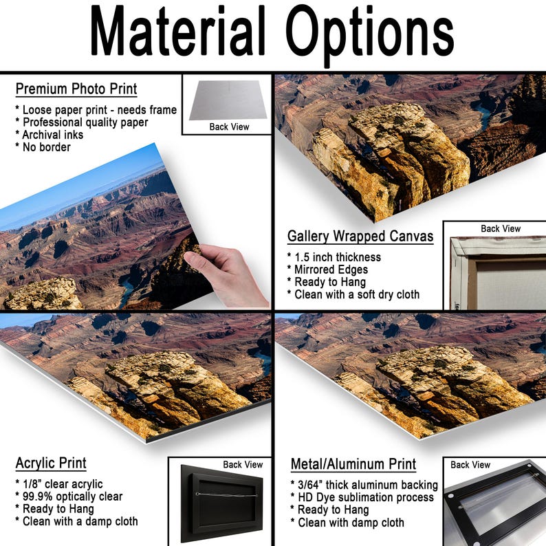 May include: A product display showing four material options for a Grand Canyon landscape print: Premium Photo Print, Gallery Wrapped Canvas with 1.5 inch thickness, Acrylic Print with 1/8 inch clear acrylic, and Metal/Aluminum Print with 3/64 inch backing.