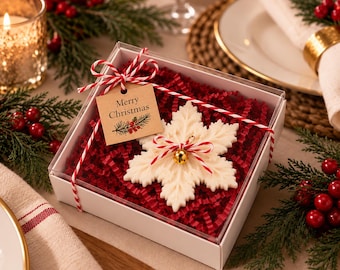 Può includere: Un ornamento bianco a forma di fiocco di neve riposa all'interno di una scatola trasparente riempita di carta rossa stropicciata. L'ornamento presenta una piccola campana dorata legata con spago rosso e bianco. Un'etichetta marrone con Merry Christmas è inclusa.