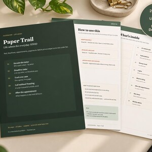 May include: A set of US Letter sized printable documents titled Paper Trail Life admin for everyday ADHD. The dark green cover page lists five steps for managing mail and deadlines. Additional pages include instructions and a table of contents.