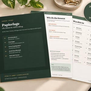 May include: A set of A4 digital documents titled Papierlage Life-Admin für ADHS-Alltag with a dark green cover page and white interior pages featuring lists and instructions in German, including a circular badge indicating 20 pages and instant download.