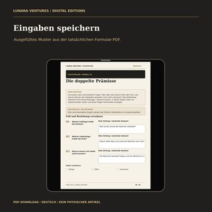 May include: A black digital download information card with white text reading LUNARA VENTURES / DIGITAL EDITIONS, Digitaler Download, Kein Versand / kein Roman / keine Geräte / grafische Mockups, Farbe + Formularfelder für Bildschirm, Schwarz-Weiß ohne Bilder für A4, Deutsch / kein Pflichtroman, PDF-App mit Formularunterstützung, Kein Tablet und kein gedrucktes Produkt, PDF-DOWNLOAD / DEUTSCH / KEIN PHYSISCHER ARTIKEL.