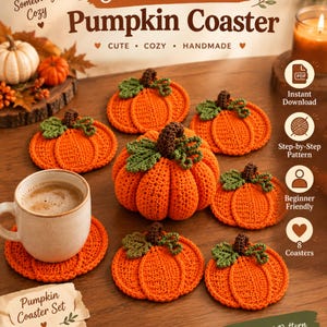 Puede incluir: Un conjunto de posavasos de ganchillo con forma de calabaza naranja, hojas verdes y tallos marrones, con una calabaza de peluche más grande en el centro. La imagen incluye el texto Pumpkin Coaster, Instant Download, Step-by-Step Pattern y Beginner Friendly.
