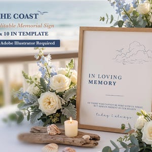 May include: An 8 x 10 inch memorial sign template in a light wood frame featuring the text In Loving Memory of those who cannot be here with us today, but remain present in our hearts, today & always, with a line drawing of clouds.