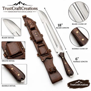 May include: A silver-colored steel blade knife with a dark brown wooden handle secured by brass rivets. The knife includes a brown leather sheath featuring multiple small storage pouches and metal hardware. The blade length is 18 inches and the handle length is 6 inches, as indicated by the text labels.