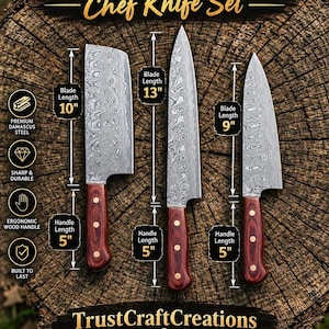 May include: A Damascus steel chef knife set by TrustCraftCreations featuring three knives with patterned blades and brown wood handles. The set includes a 10-inch, 13-inch, and 9-inch blade, each with a 5-inch handle, clearly labeled with dimensions.