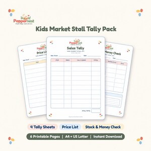 Puede incluir: Un paquete de seguimiento para puesto de mercado infantil con tres hojas blancas imprimibles con el logotipo de Peppernest. Las hojas incluyen un registro de ventas, lista de precios y control de dinero con columnas para artículos, precios y totales. El conjunto contiene 4 hojas de recuento, una lista de precios y un control de stock y dinero, con un total de 6 páginas imprimibles en tamaños A4 y US Letter.