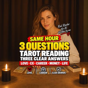 Könnte beinhalten: Eine Tarot-Lese-Dienstleistungsanzeige mit dem Text SAME HOUR 3 QUESTIONS TAROT READING THREE CLEAR ANSWERS LOVE EX CAREER MONEY LIFE. Das Bild enthält Tarotkarten, zwei schwarze Kerzen sowie Symbole für Liebe und Karriere.