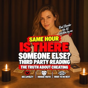Op de afbeelding: Een advertentie voor een tarot-lezing met een persoon achter een tafel met tarotkaarten en twee zwarte kaarsen. De tekst luidt: SAME HOUR IS THERE SOMEONE ELSE? THIRD PARTY READING THE TRUTH ABOUT CHEATING. Iconen: hart, masker en oog.