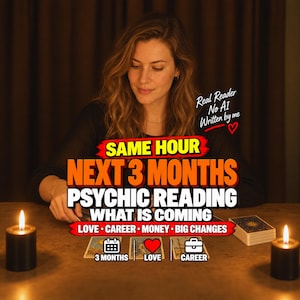 Puede incluir: Un anuncio de servicio de lectura psíquica con el texto SAME HOUR NEXT 3 MONTHS PSYCHIC READING WHAT IS COMING LOVE CAREER MONEY BIG CHANGES. La imagen incluye cartas del tarot, una baraja y dos velas negras con llamas encendidas.