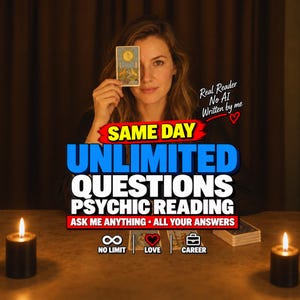 Könnte beinhalten: Eine Werbeanzeige für eine psychische Lesung mit dem Text SAME DAY UNLIMITED QUESTIONS PSYCHIC READING ASK ME ANYTHING ALL YOUR ANSWERS NO LIMIT LOVE CAREER Real Reader No AI Written by me, zwei schwarzen Kerzen und Tarotkarten.