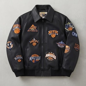Avirex Inspired New York Knicks Leather Jacket, Kith Style Patchwork Bomber Jacket, Vintage Basketball Streetwear Coat
