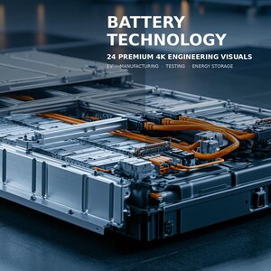 May include: A high-voltage electric vehicle battery pack featuring a metallic silver casing, internal battery modules, and bright orange high-voltage cables. Text on the image reads: TREVYQ ENGINEERING VISUALS BATTERY TECHNOLOGY 24 PREMIUM 4K ENGINEERING VISUALS.