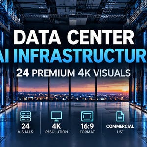 May include: A server room with rows of black server racks illuminated by blue LED lights. The text reads DATA CENTER AI INFRASTRUCTURE 24 PREMIUM 4K VISUALS. Below are four icons with text: 24 VISUALS, 4K RESOLUTION, 16:9 FORMAT, and COMMERCIAL USE.