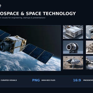 May include: A digital collection titled TREVYQ AEROSPACE & SPACE TECHNOLOGY featuring 24 high-resolution PNG visuals. The display includes a satellite orbiting Earth, mechanical components, a lunar lander, and robotic arms for engineering presentations.