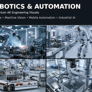 24 bilder på robotik och automation – 4K industrirobotar, AI och maskinseende (digital nedladdning)