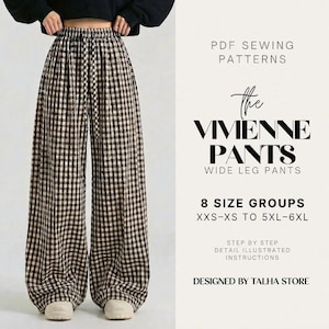 May include: Wide-leg trousers featuring a black and white gingham check pattern, an elasticated waistband with a drawstring, and a full-length cut. Text on the image reads: PDF SEWING PATTERNS, THE VIVIENNE PANTS, 8 SIZE GROUPS XXS-XS TO 5XL-6XL.
