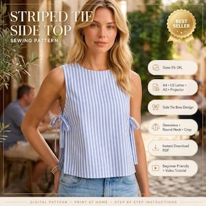 Op de afbeelding: Een mouwloze top met een blauw-wit verticaal strepenpatroon, zijstrikken en een ronde halslijn. De tekst in de afbeelding is: STRIPED TIE SIDE TOP SEWING PATTERN, BEST SELLER, Sizes XS-3XL, A4, US Letter, A0, Projector, Side Tie Bow Design, Sleeveless, Round Neck, Crop, Instant Download PDF, Beginner Friendly, Video Tutorial, DIGITAL PATTERN, PRINT AT HOME, STEP BY STEP INSTRUCTIONS.