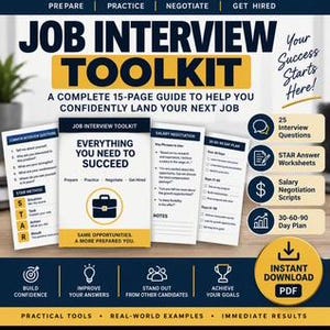 Puede incluir: Una guía digital Job Interview Toolkit de 15 páginas en formato PDF con detalles en azul oscuro y amarillo. El documento incluye preguntas comunes de entrevista, hojas de trabajo STAR, guiones de negociación salarial y un plan de 30-60-90 días.