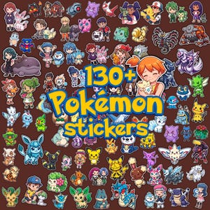 May include: A collection of over 130 colorful vinyl stickers featuring various animated characters and creatures from the Pokémon franchise, arranged in a collage format with the bold yellow text 130+ Pokémon stickers centered.