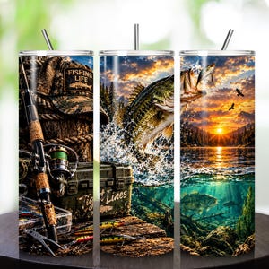 Bass Fishing Tumbler Wrap, Tight Lines Sunset Lake Design (Digitaler Download)