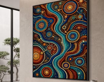 Aboriginal Dot Painting Canvas Wall Art, Indigenous Australian Art, Colorful Tribal Patterns, Earth Tone Home Decor, Wavy Circle Design