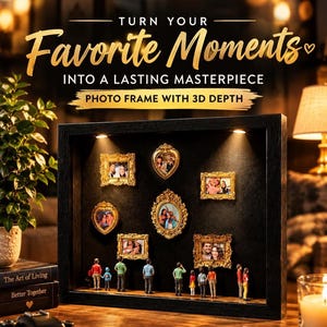 Puede incluir: Un marco de fotos rectangular negro tipo caja con iluminación interna, que presenta seis marcos dorados ornamentados con fotografías y figuras humanas en miniatura en la base. El texto dice: TURN YOUR Favorite Moments INTO A LASTING MASTERPIECE PHOTO FRAME WITH 3D DEPTH.