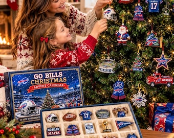May include: A Buffalo Bills Christmas advent calendar box featuring 24 individual compartments, each containing a unique team-themed ornament. The box displays the text 'GO BILLS CHRISTMAS ADVENT CALENDAR' and includes miniature football helmets, jerseys, and logos.