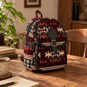 Boho Kelim-ryggsäck, vävd gobeläng, aztekiskt mönster, bomullsull, resväska
