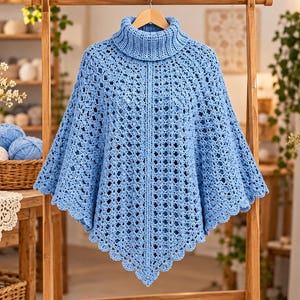 May include: A light blue crochet poncho featuring a ribbed turtleneck collar and an intricate openwork diamond pattern. The garment has a scalloped hemline and is displayed on a wooden hanger, showcasing its detailed yarn construction.