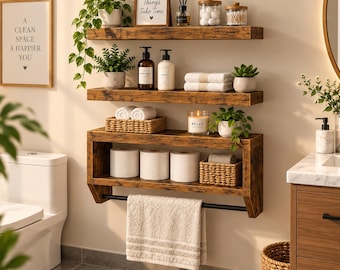 Set of 3 Wooden Bathroom Wall Floating Shelves | Rustic Brown Towel Bar Shelf | Space Saving Shelf | Wooden Wall Bathroom Shelves