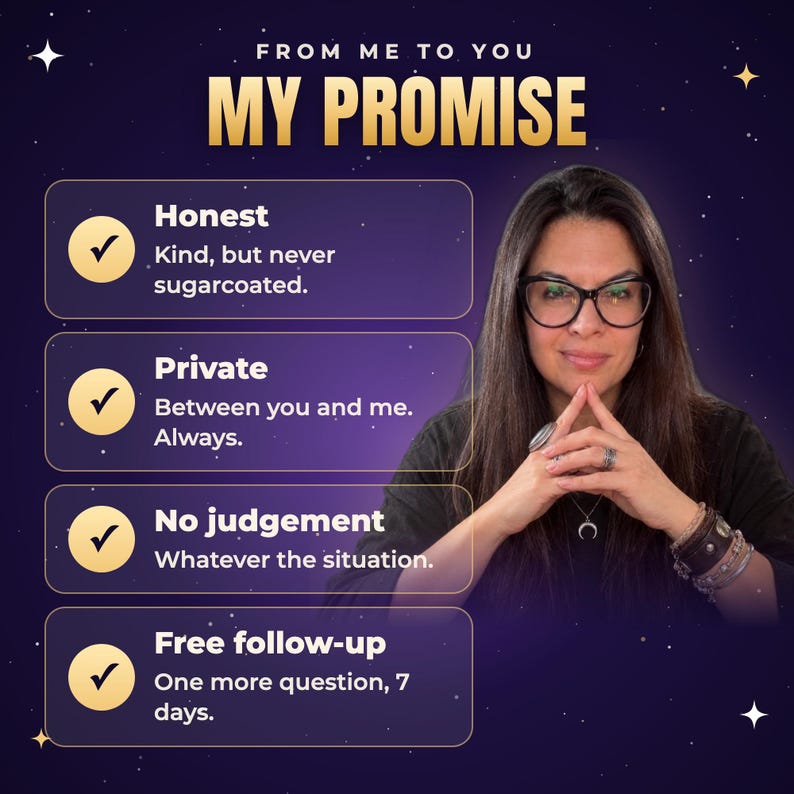 May include: A dark purple graphic with the text FROM ME TO YOU MY PROMISE. It lists four points with checkmarks: Honest, Kind, but never sugarcoated; Private, Between you and me. Always; No judgement, Whatever the situation; Free follow-up, One more question, 7 days.