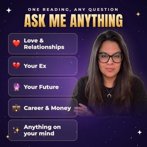 May include: A digital graphic featuring the text ONE READING, ANY QUESTION ASK ME ANYTHING. Below are five purple rectangular buttons with icons and text: Love & Relationships, Your Ex, Your Future, Career & Money, and Anything on your mind.