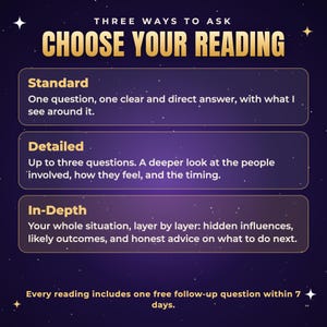 May include: A dark purple graphic with gold text titled THREE WAYS TO ASK CHOOSE YOUR READING. It lists three options: Standard with one question, Detailed with up to three questions, and In-Depth for a full situation analysis. Includes a follow-up note.