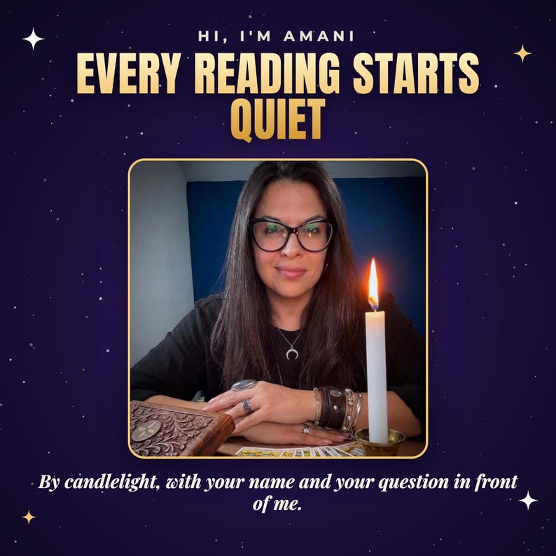 May include: A person with long dark hair and glasses wearing a black shirt and silver crescent moon necklace. A lit white candle in a brass holder, a carved wooden box, and a deck of cards are on the table. Text reads: HI, I'M AMANI EVERY READING STARTS QUIET By candlelight, with your name and your question in front of me.
