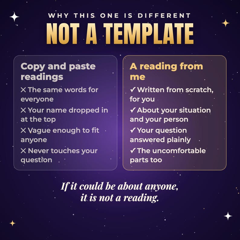 May include: A dark purple graphic with gold text reading WHY THIS ONE IS DIFFERENT NOT A TEMPLATE. Two boxes compare Copy and paste readings with X marks against A reading from me with check marks, ending with the text If it could be about anyone, it is not a reading.