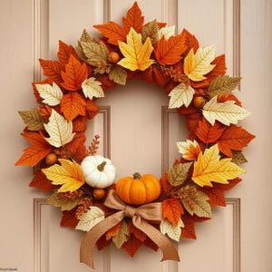Op de afbeelding: Een ronde herfstkrans met een dichte schikking van oranje, gele en crèmekleurige esdoornbladeren. De krans is versierd met een kleine witte pompoen, een kleine oranje pompoen en een beige jute strik die aan de onderkant is vastgemaakt.