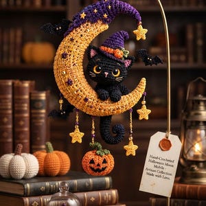 Peut inclure: Un mobile d'Halloween crocheté à la main représentant un chat noir portant un chapeau violet, perché sur un croissant de lune jaune. La lune est décorée de petites étoiles violettes et de chauves-souris. Une citrouille est suspendue en dessous.