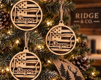 Enfeite de Natal com a bandeira americana do Oregon | Enfeite de Natal em madeira cortada a laser