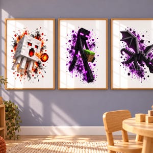 Minecraft Splatter Art Print Set of 3, Ghast Enderman Ender Dragon Wall Art, Nether and End Gamer Bedroom Decor, Kids Room Prints, Gift