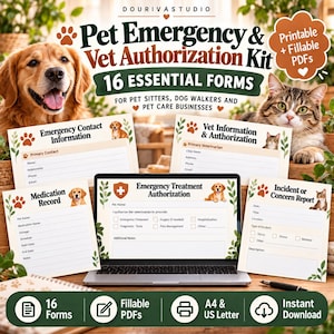Pode incluir: Um kit de emergência e autorização veterinária para animais de estimação com 16 formulários PDF imprimíveis e preenchíveis. O conjunto inclui documentos para contatos de emergência, registros de medicação, autorizações de tratamento e relatórios.
