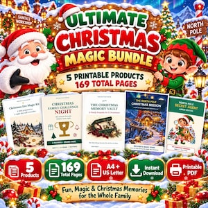Pode incluir: Um pacote digital intitulado Ultimate Christmas Magic Bundle contendo 5 produtos imprimíveis e 169 páginas no total. O conjunto inclui Christmas Eve Magic Kit, Christmas Family Challenge Night, The Christmas Memory Vault, The North Pole Christmas Mission e North Pole Secret Agent Junior Edition, tudo apresentado com gráficos festivos.