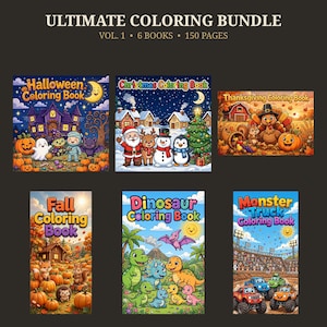 Puede incluir: Ultimate Coloring Bundle Vol. 1 que incluye 6 libros y 150 páginas. La colección contiene libros de colorear ilustrados con temas de Halloween, Navidad, Acción de Gracias, otoño, dinosaurios y camiones monstruo con portadas coloridas.