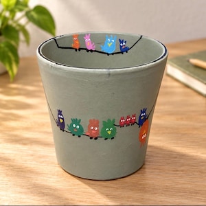 4 Zoll handbemalter Vogelblumentopf – farbenfroher, verspielter Blumentopf