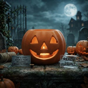 Può includere: Una zucca arancione intagliata a lanterna con una candela accesa all'interno. Sono presenti due cartelli: uno recita 3MF & STEP SOURCE FILES INCLUDED. READY TO PRINT. e l'altro READY TO PRINT. La scena è ambientata in un cimitero di notte.