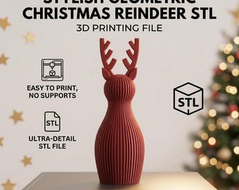 Puede incluir: Una figura de reno geométrica de color rojo oscuro con costillas verticales y astas. El texto dice: STYLISH GEOMETRIC CHRISTMAS REINDEER STL, 3D PRINTING FILE, EASY TO PRINT, NO SUPPORTS, ULTRA-DETAIL STL FILE, STL y DIGITAL DOWNLOAD.