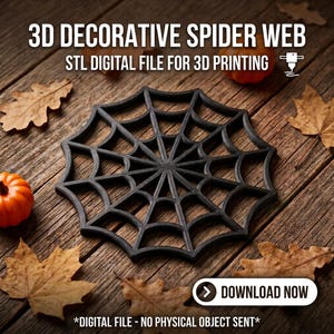 以下が含まれることがあります： 黒い3D装飾クモの巣デザイン。3Dプリント用のSTLデジタルファイルとして提供されています。画像には「3D DECORATIVE SPIDER WEB」「STL DIGITAL FILE FOR 3D PRINTING」「DOWNLOAD NOW」「DIGITAL FILE - NO PHYSICAL OBJECT SENT」というテキストが含まれています。