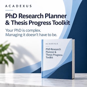 May include: A white and blue hardcover book titled PhD Research Planner & Thesis Progress Toolkit by ACADEXUS. The cover features a wave-like blue graphic design. The text reads: PhD Research Planner & Thesis Progress Toolkit. Your PhD is complex.