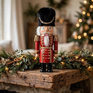 Soldado Quebra-Nozes de Madeira 38 cm Vermelho e Dourado Vintage Decoração de Lareira Natalina Estatueta Grande